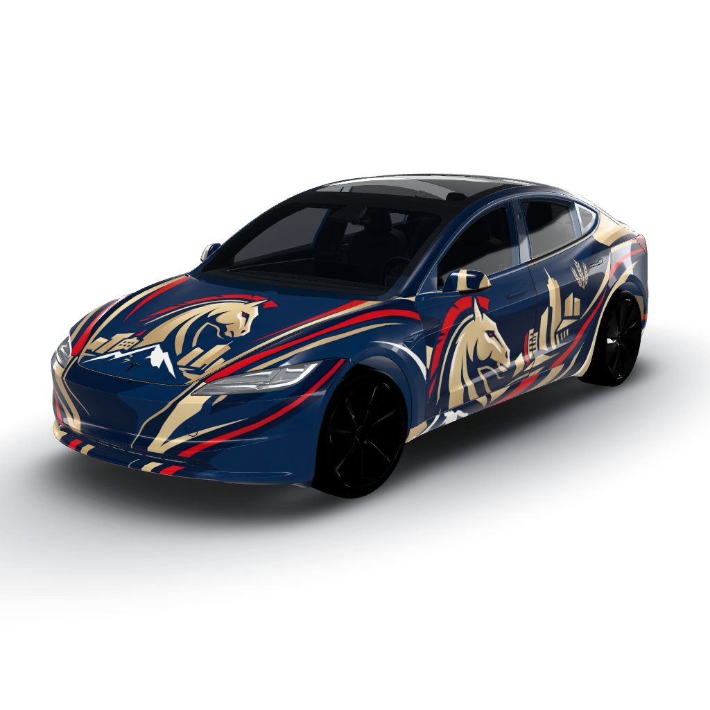 Vibrant vinyl wrap features a bold color — a Model 3 (2024+) Standard & Premium wearing this AI wrap design