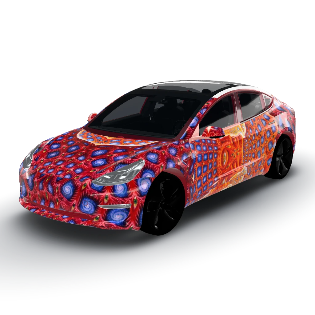 Use this picture — a Model 3 wearing this AI wrap design