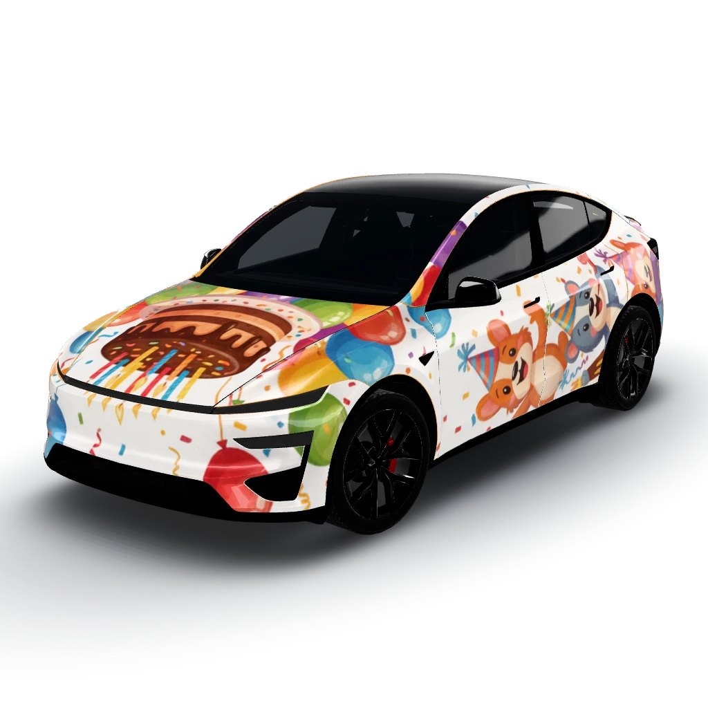 Birthday celebration — a Model Y (2025+) Performance wearing this AI wrap design