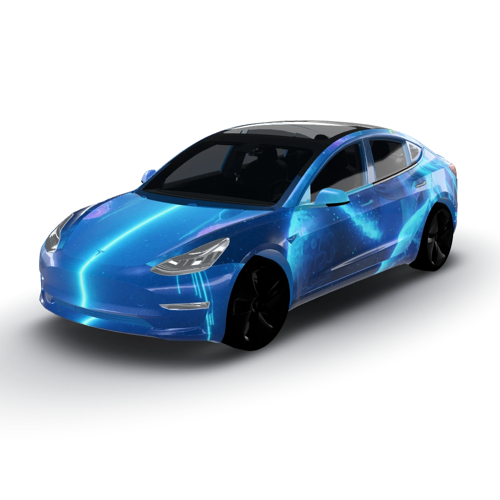 Sky blue and futuristic — a Model 3 wearing this AI wrap design