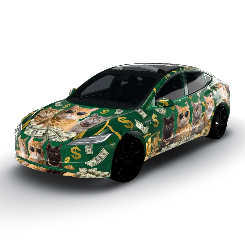 Cash cat meme — a Model 3 (2024+) Standard & Premium wearing this AI wrap design