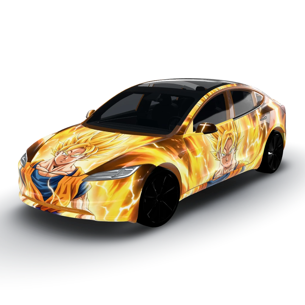 Dragon Ball Z super saiyan aura — a Model 3 (2024+) Standard & Premium wearing this AI wrap design