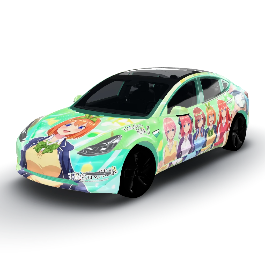 Glossy wrap featuring characters — a Model 3 wearing this AI wrap design
