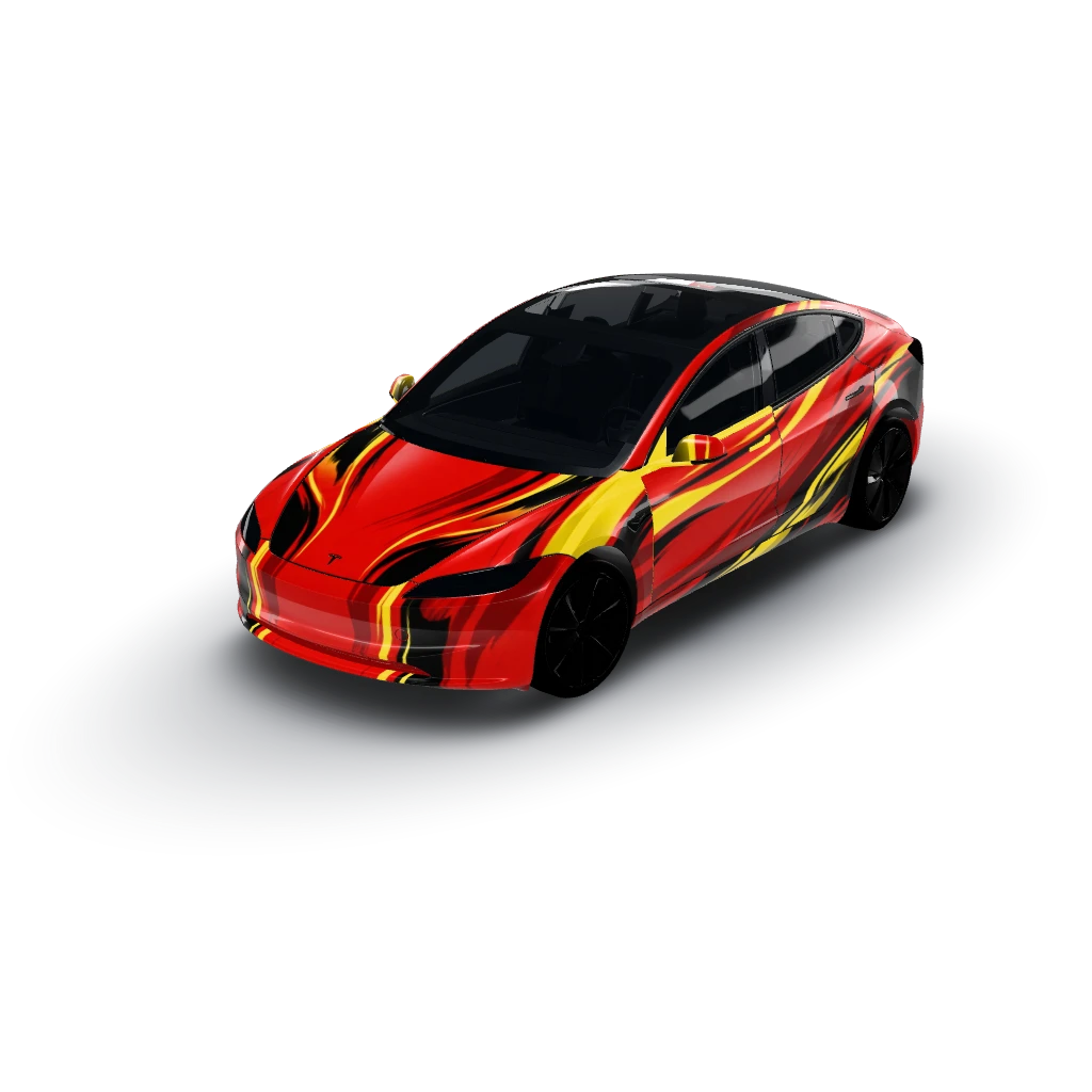 Perfect! — a Model 3 (2024+ Base) wearing this AI wrap design