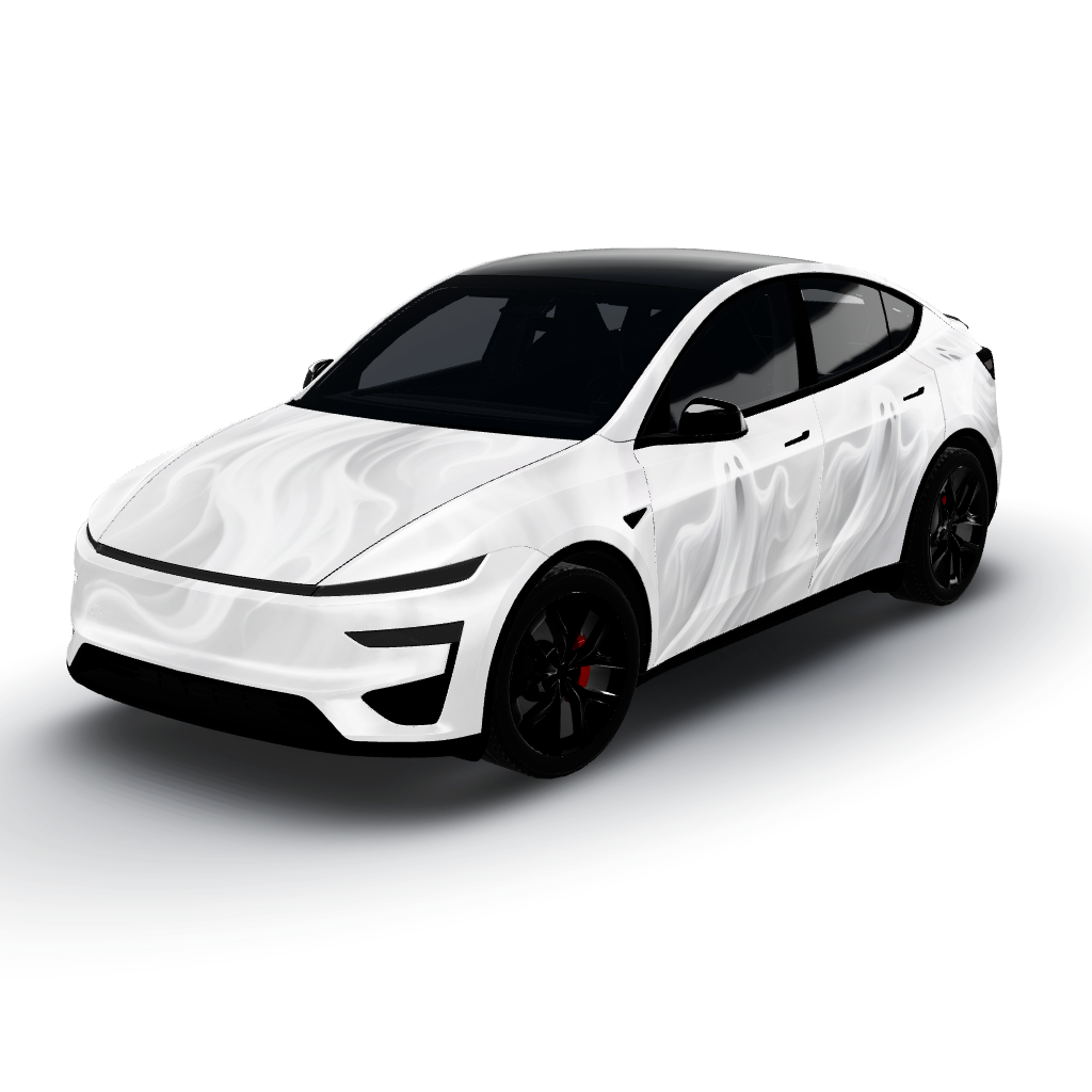 Hood: a flowing white blanket design, edge — a Model Y (2025+) Performance wearing this AI wrap design