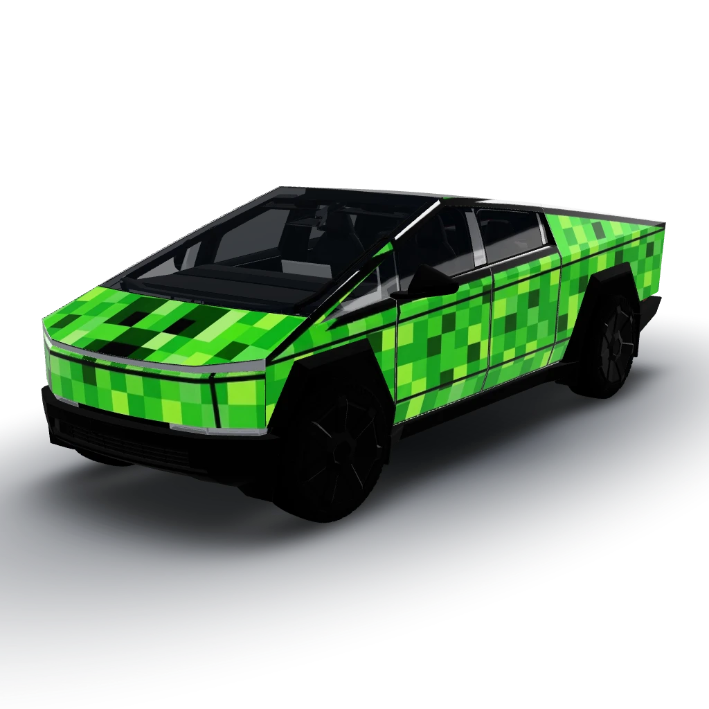 Minecraft pixelated creeper theme — a Cybertruck wearing this AI wrap design