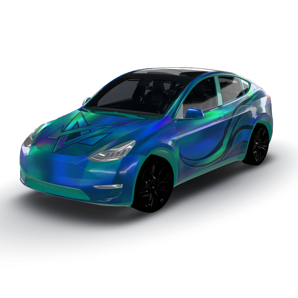 Iridescent oil-slick chrome covers — a Model Y wearing this AI wrap design