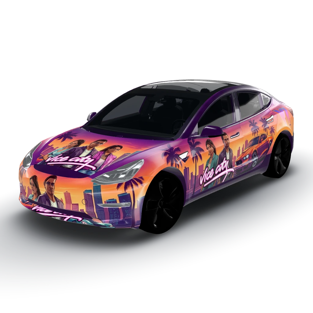 GTA 6 Color theme palette with sleek — a Model 3 wearing this AI wrap design