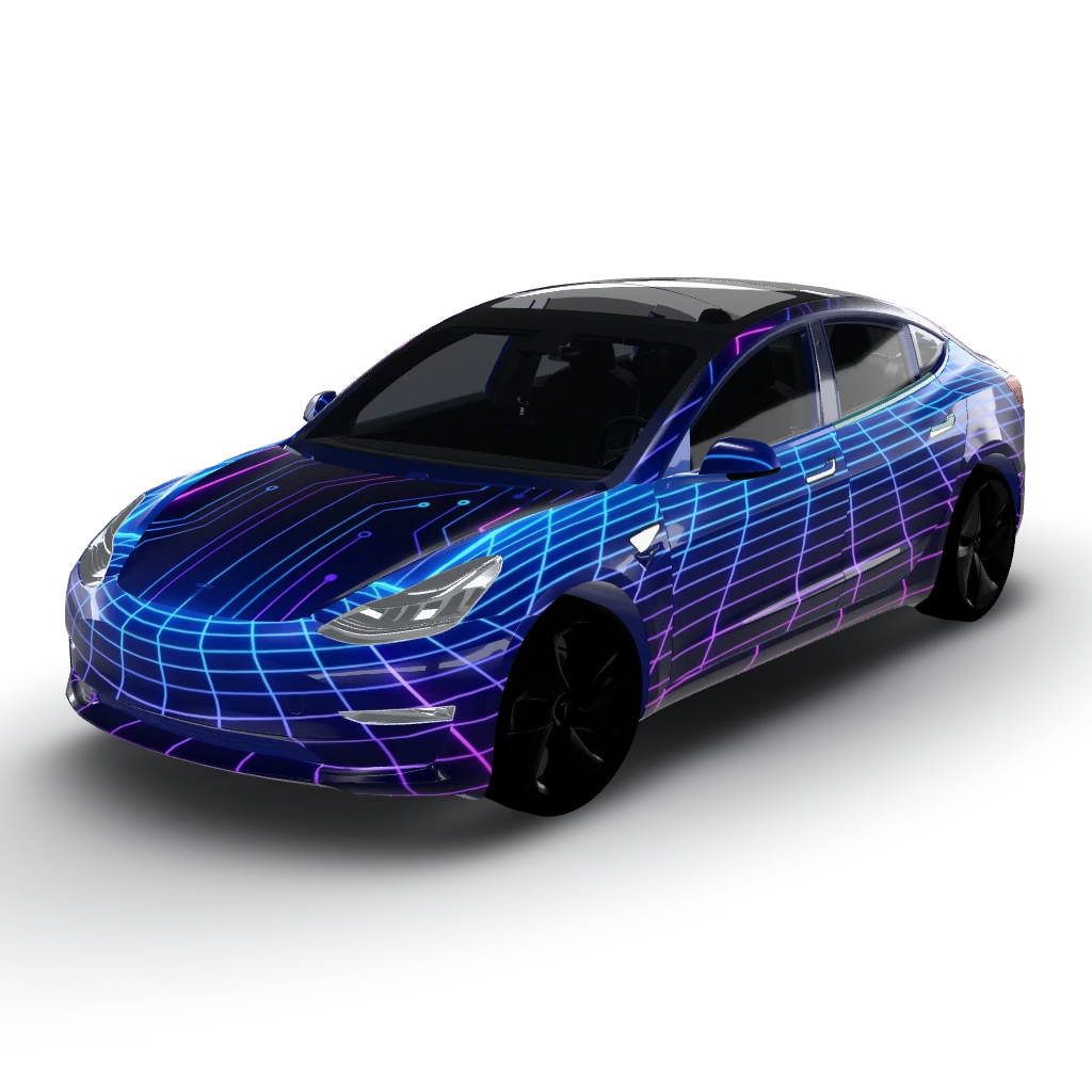 Cyberpunk neon grid on a dark base — a Model 3 wearing this AI wrap design