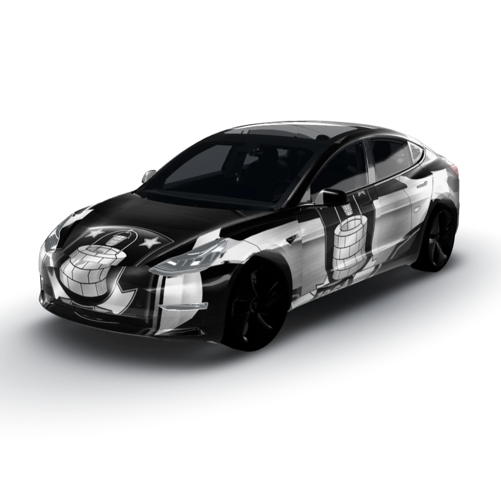 Features a sleek and modern aesthetic — a Model 3 wearing this AI wrap design