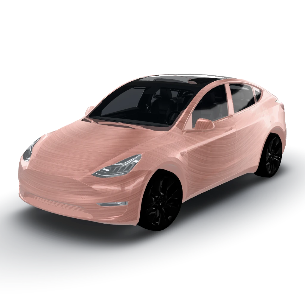 Rose gold brushed metallic — a Model Y wearing this AI wrap design