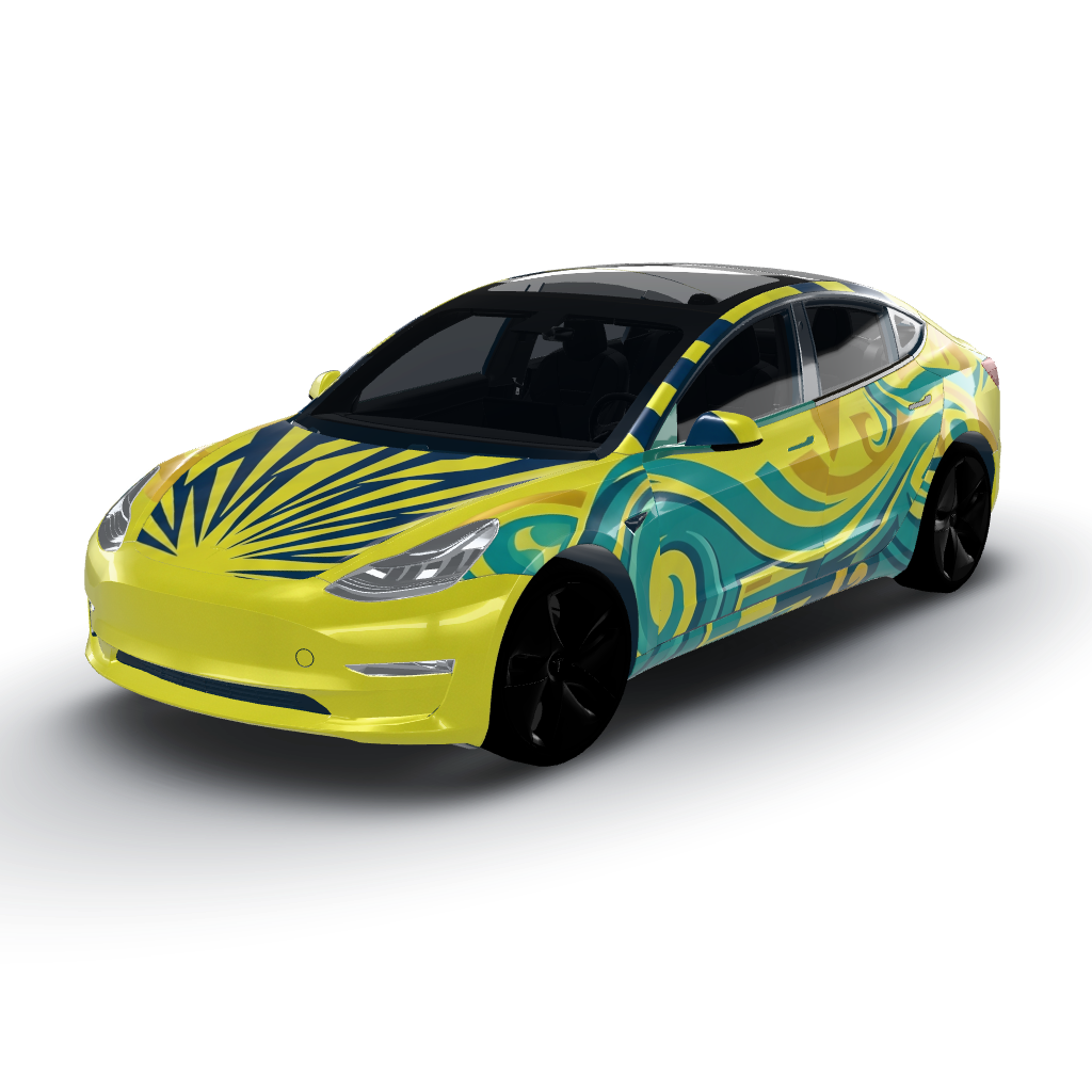 Matte chartreuse covers the entire sheet — a Model 3 wearing this AI wrap design