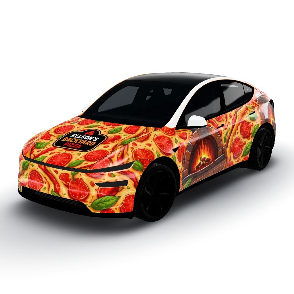 Premium wood-fired pizza restaurant — a Model Y (2025+) Premium wearing this AI wrap design