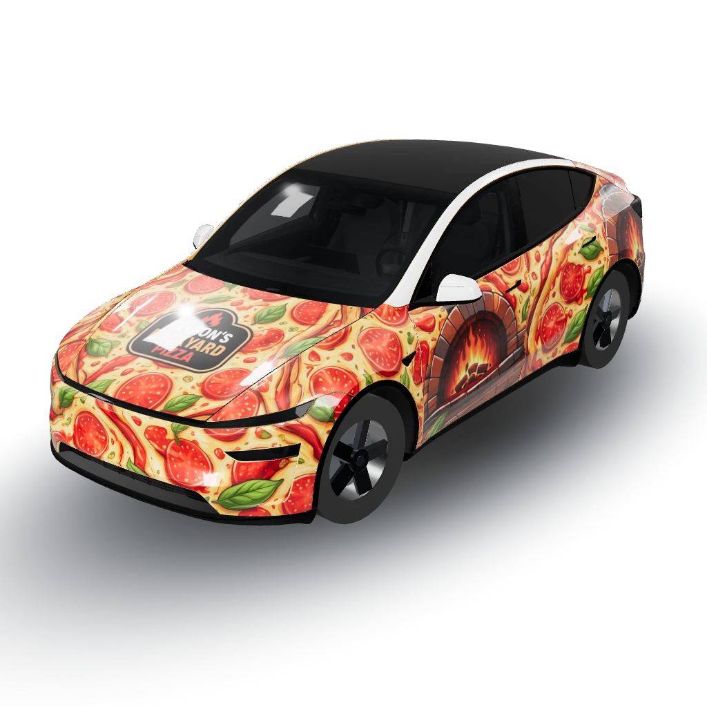 Premium wood-fired pizza restaurant — a Model Y (2025+ Premium) wearing this AI wrap design