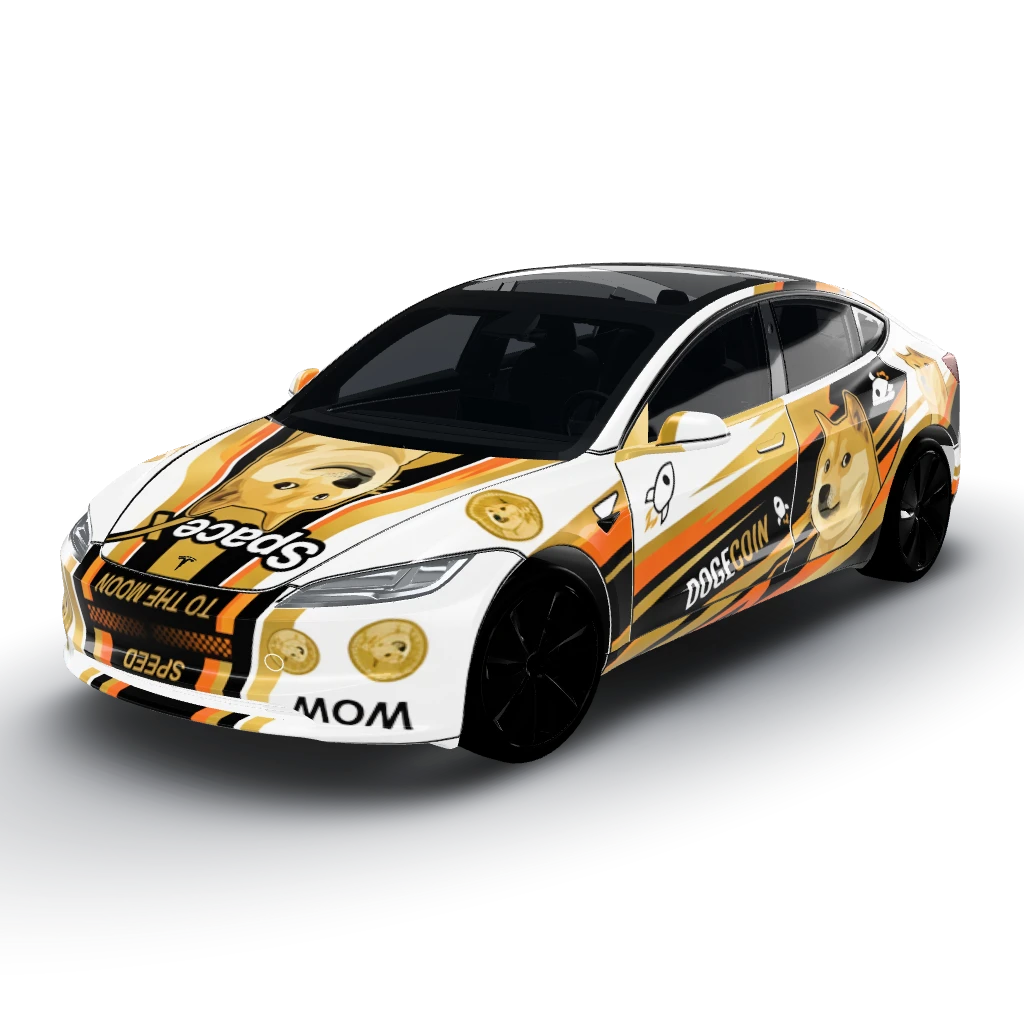 Doge theme racing liverly with space x logo — a Model 3 (2024+) Standard & Premium wearing this AI wrap design