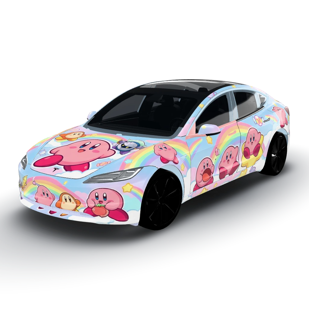 Kirby kawaii wrap — a Model 3 (2024+) Standard & Premium wearing this AI wrap design