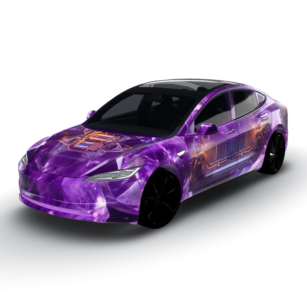 Amethyst purple crystal with the components — a Model 3 (2024+) Standard & Premium wearing this AI wrap design