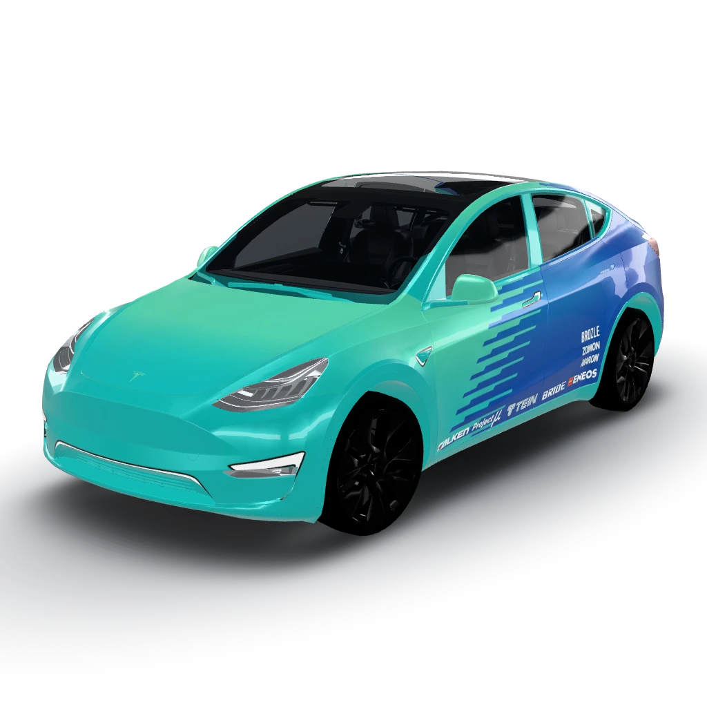 No falken logo on hood,mirrors,rear hatch — a Model Y wearing this AI wrap design