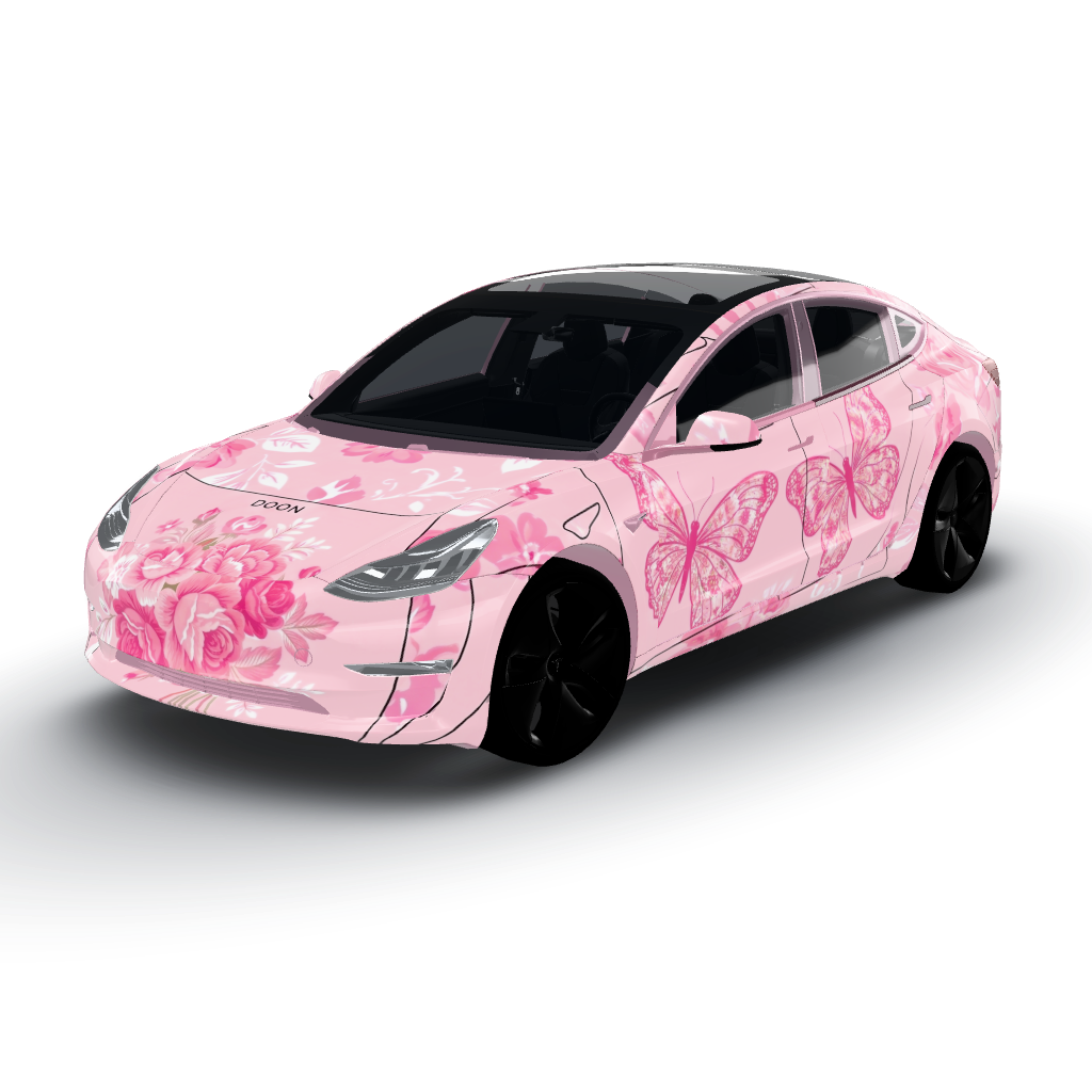 Love shack fancy pink is a vibrant — a Model 3 wearing this AI wrap design
