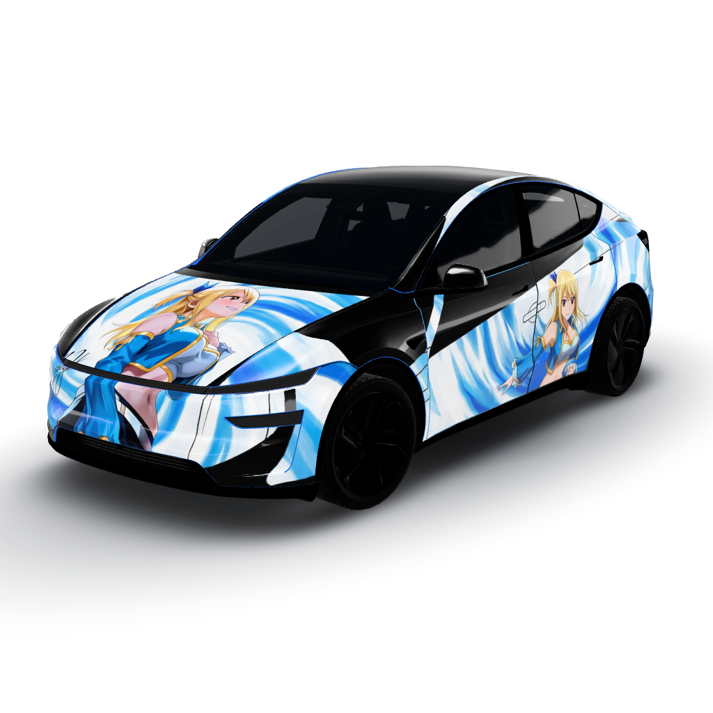 Anime bursts forth in a vibrant and dynamic — a Model Y (2025+) Premium wearing this AI wrap design