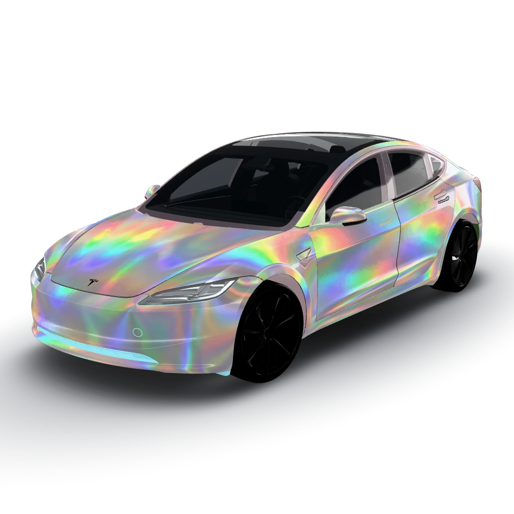 Holographic iridescent shimmer — a Model 3 (2024+) Standard & Premium wearing this AI wrap design