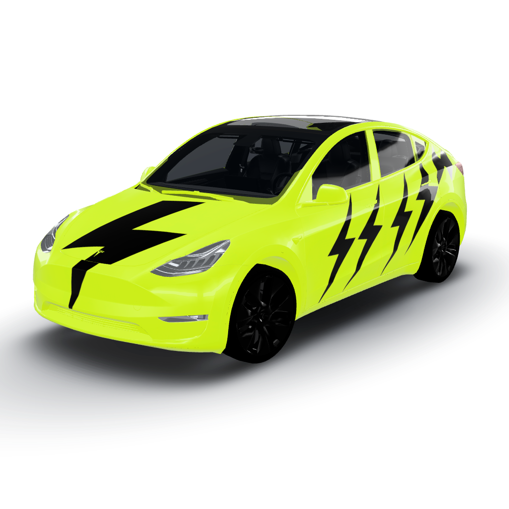Electric yellow serves as the vibrant base — a Model Y wearing this AI wrap design