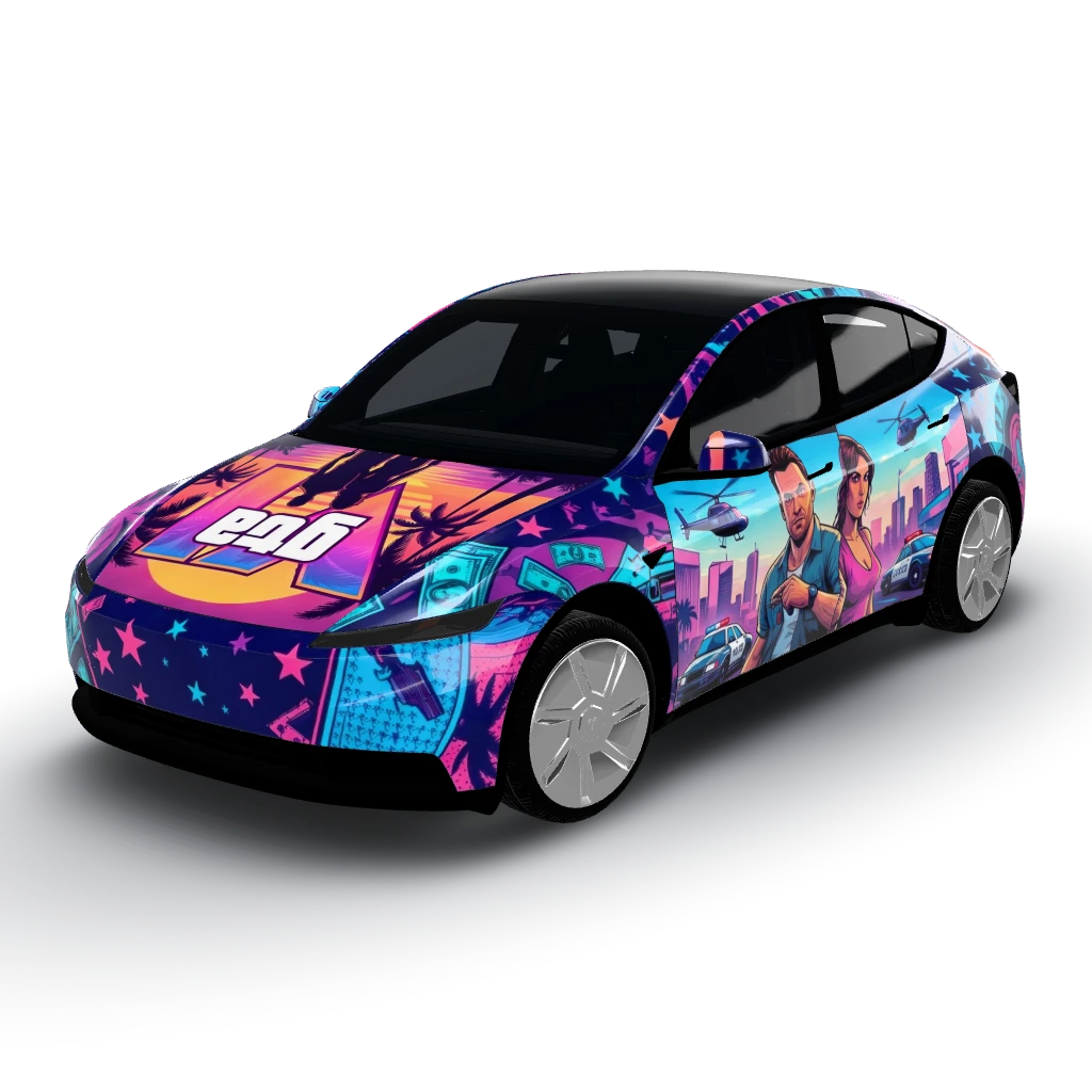 Grand theft auto 6 — a Model Y (2025+) Standard wearing this AI wrap design