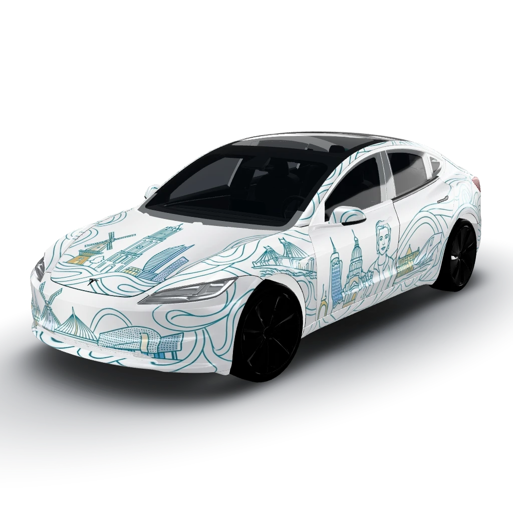 White base color with a vector continuous — a Model 3 (2024+) Standard & Premium wearing this AI wrap design