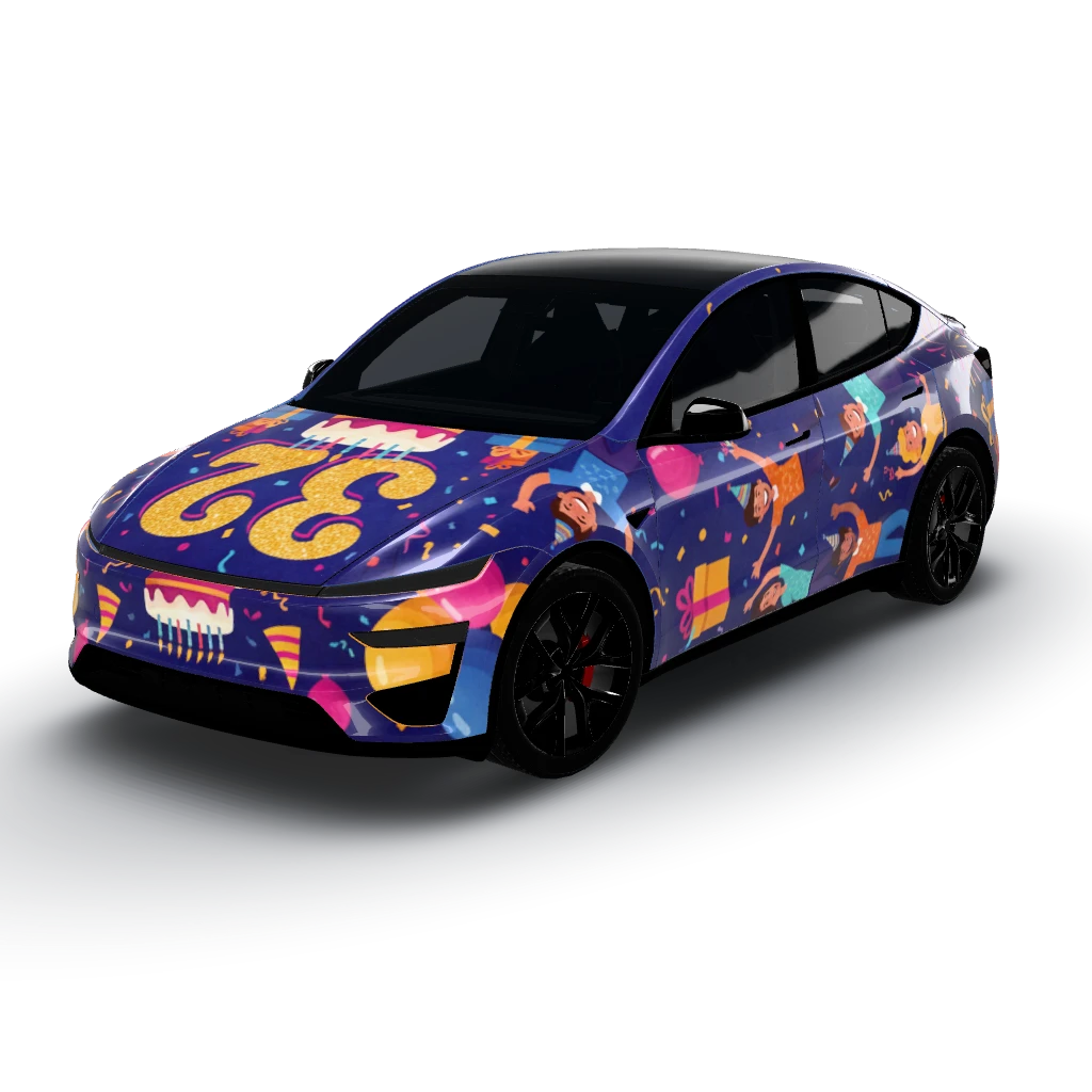 Birthday celebration at age 32 — a Model Y (2025+) Performance wearing this AI wrap design
