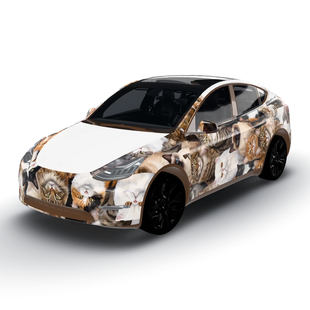 Full of different Kinds of cats — a Model Y wearing this AI wrap design