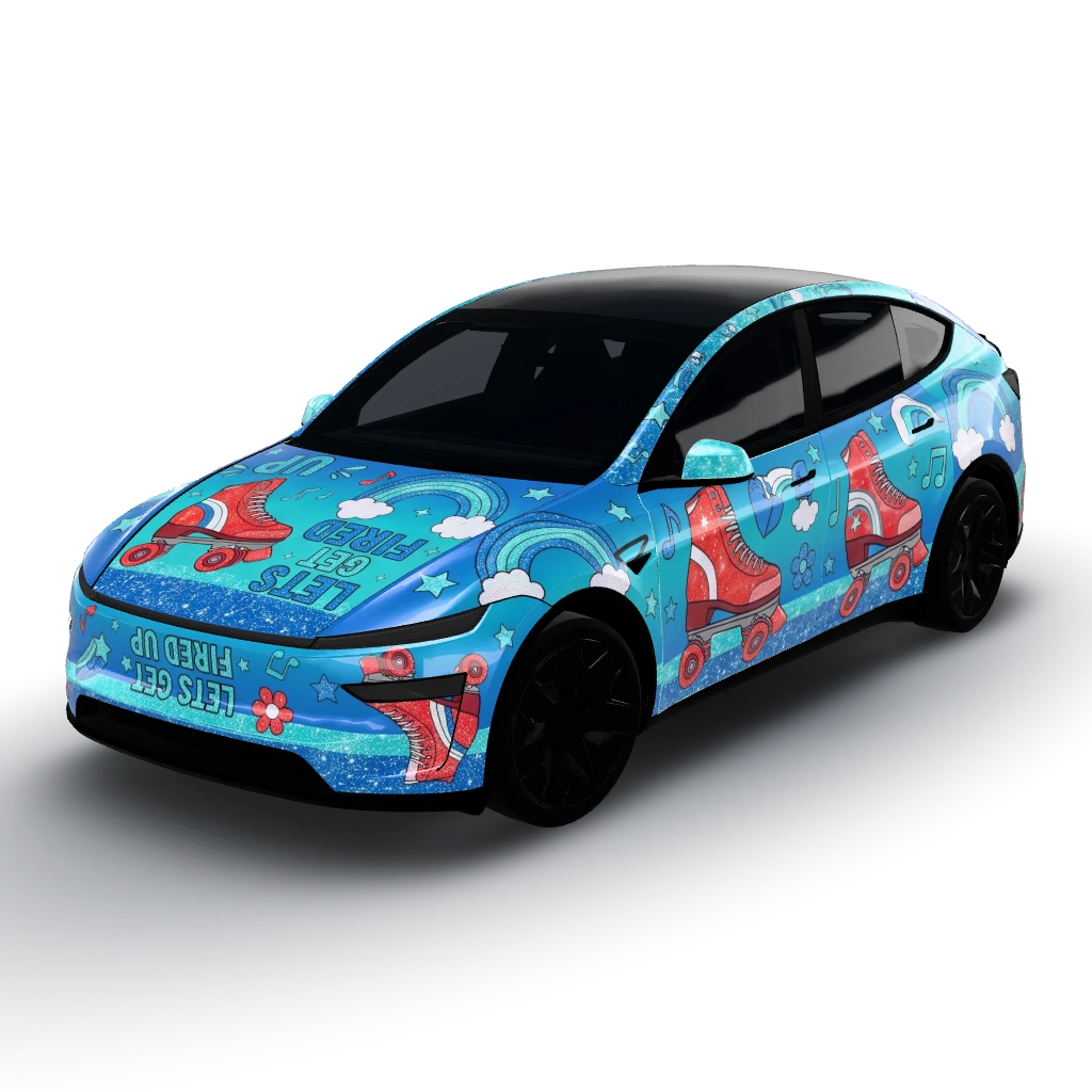 Roller skates themed for my daughter — a Model Y L wearing this AI wrap design