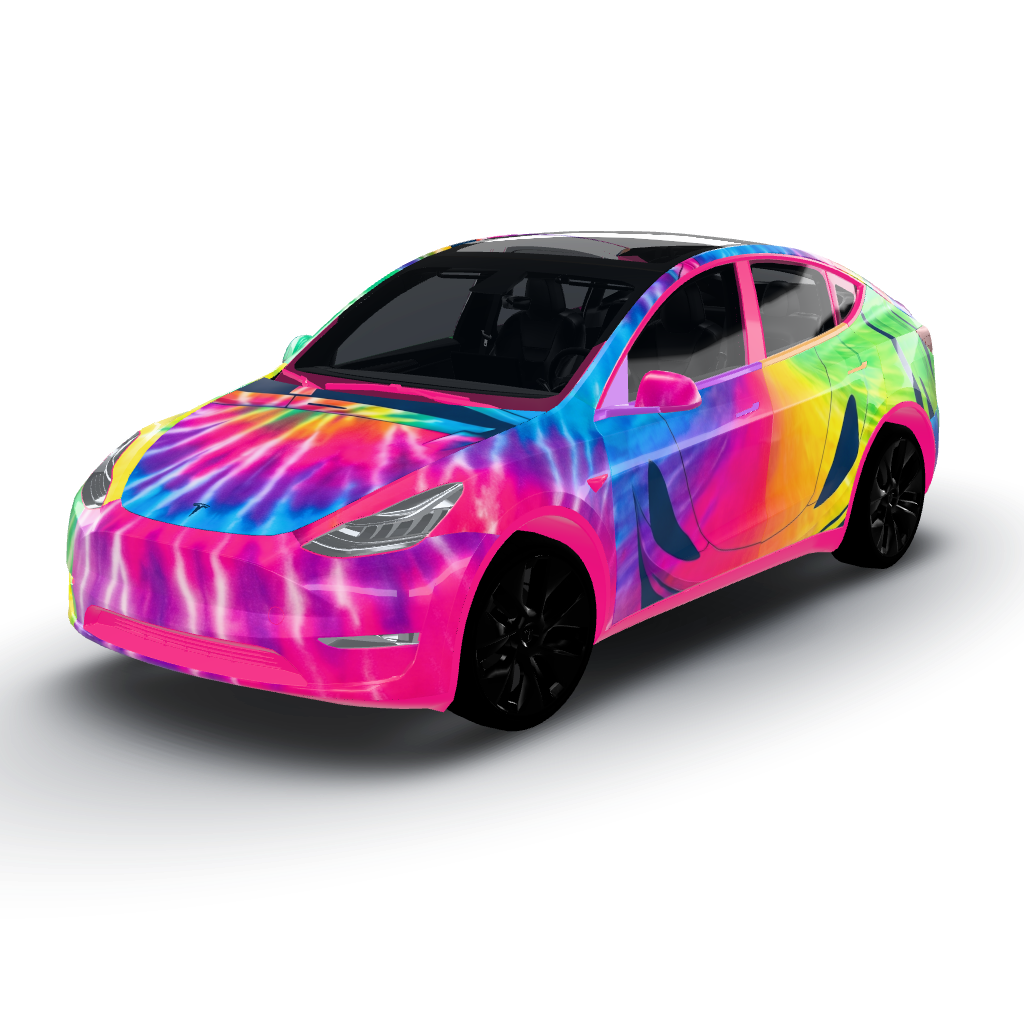 Matte finish, enhancing the vibrant tie dye — a Model Y wearing this AI wrap design