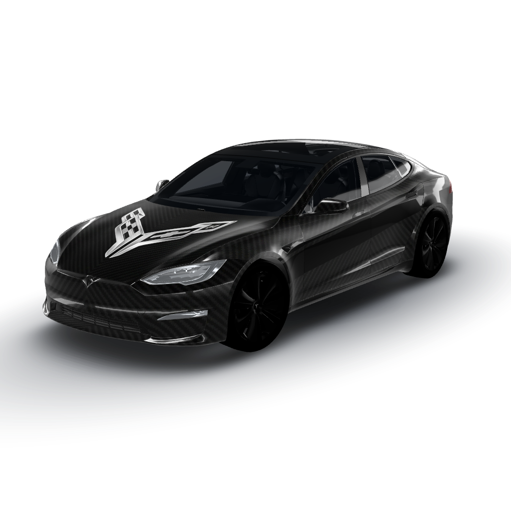 Matte black serves as the sleek — a Model S (2021+) wearing this AI wrap design