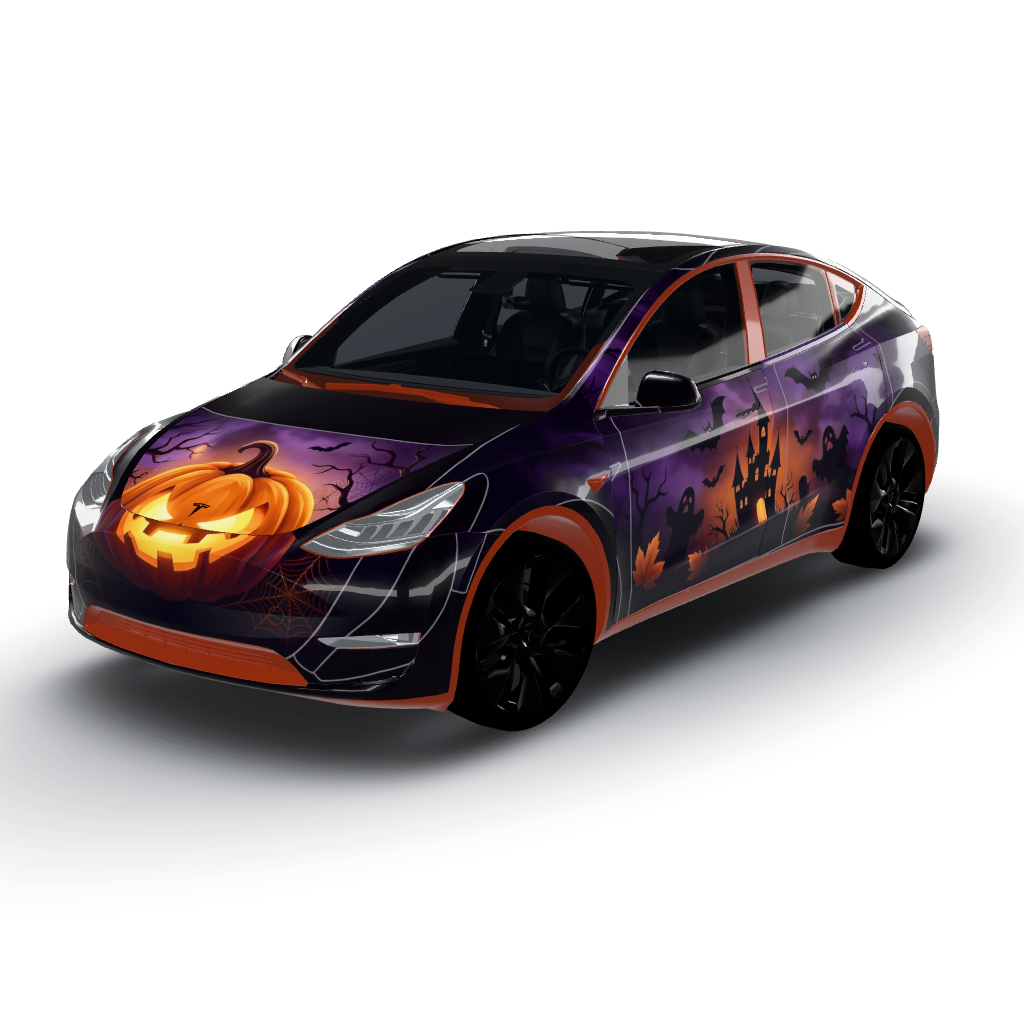 Premium Halloween vinyl wrap unfolds — a Model Y wearing this AI wrap design
