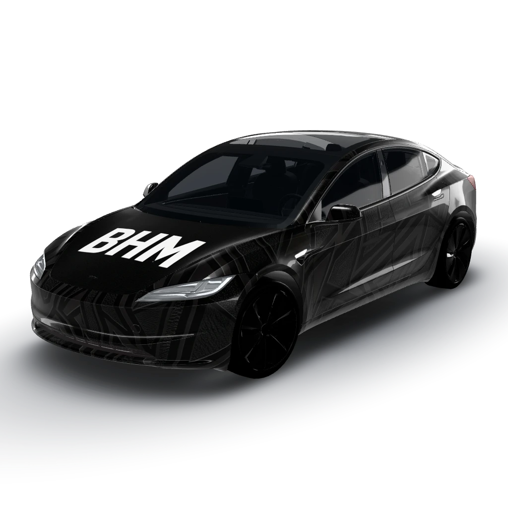 Bold white "BHM" letters centered — a Model 3 (2024+) Standard & Premium wearing this AI wrap design