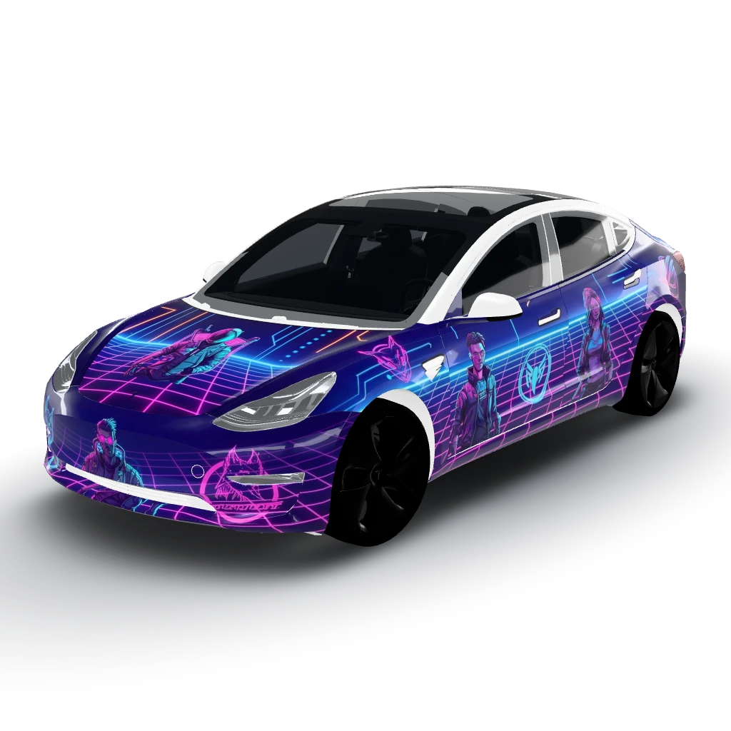 Cyberpunk neon grid on a dark base — a Model 3 wearing this AI wrap design