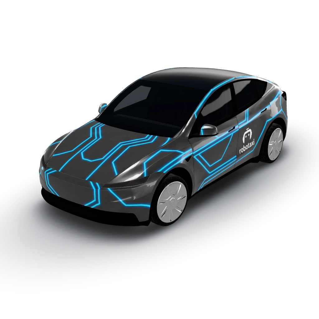 Blue neon outlines on dark grey base colour — a Model Y (2025+ Base) wearing this AI wrap design