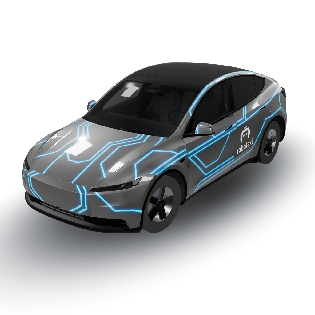 Blue neon outlines on dark grey base colour — a Model Y (2025+ Base) wearing this AI wrap design