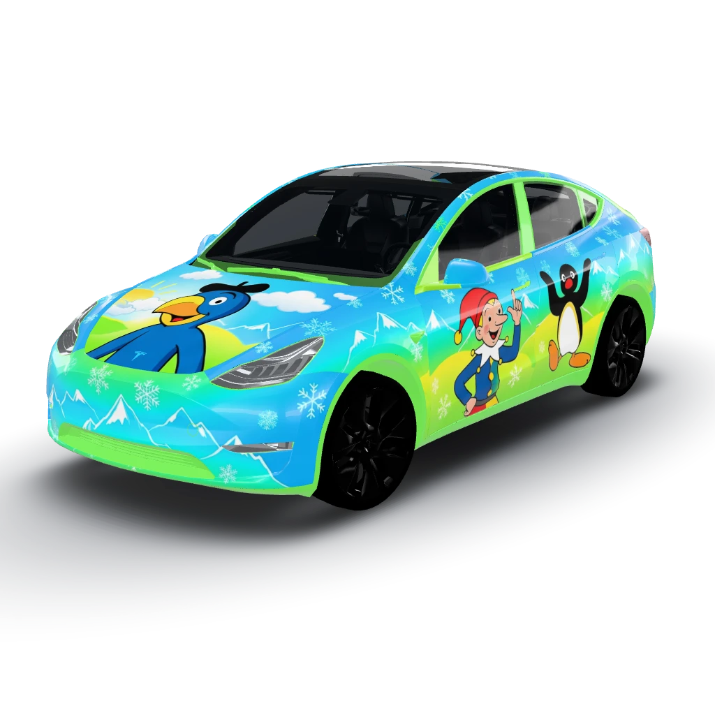 Vibrant color palette of bright blues — a Model Y wearing this AI wrap design