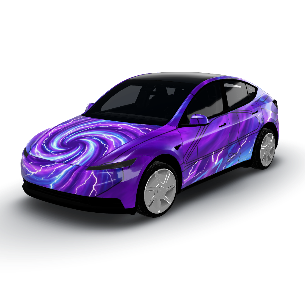 Artwork features a vibrant color palette — a Model Y (2025+) Standard wearing this AI wrap design