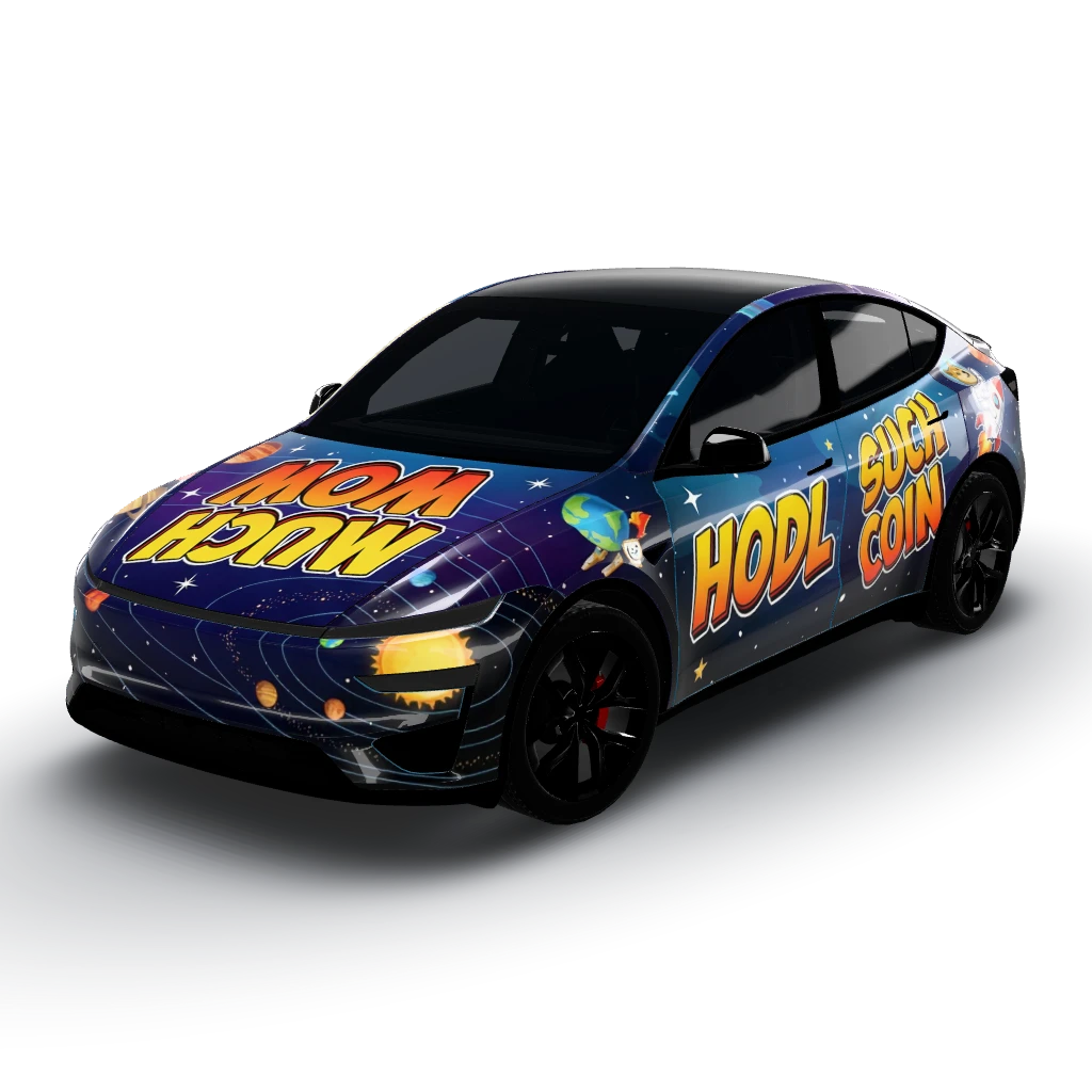 Dogecoin meme going to the moon matte wrap — a Model Y (2025+) Performance wearing this AI wrap design