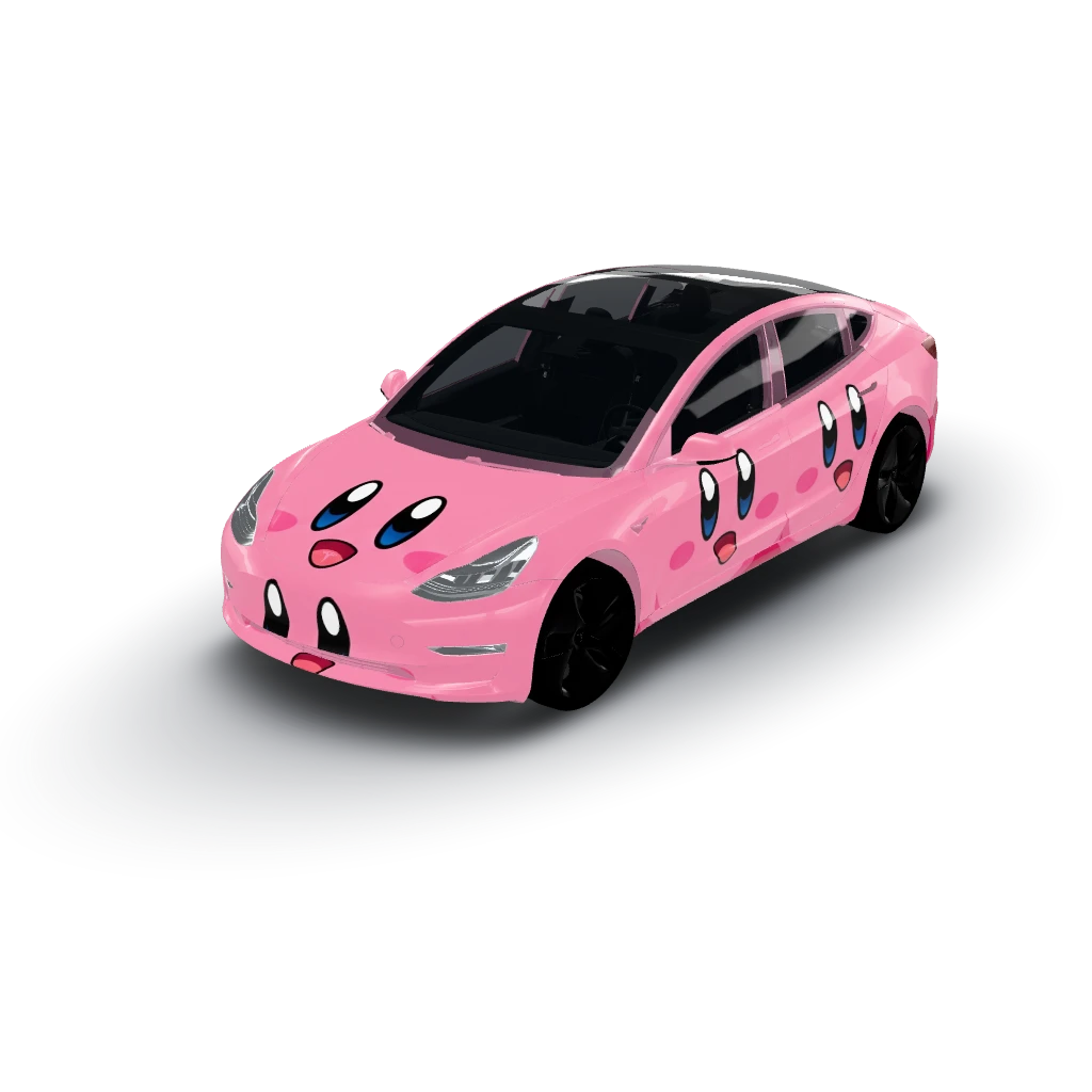Kirby face on every section pink — a Model 3 wearing this AI wrap design