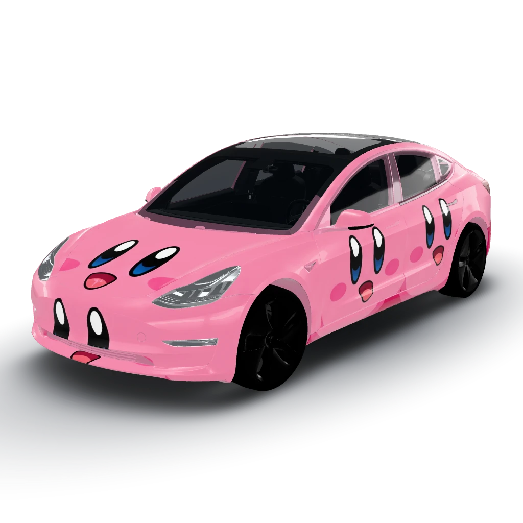Kirby face on every section pink — a Model 3 wearing this AI wrap design