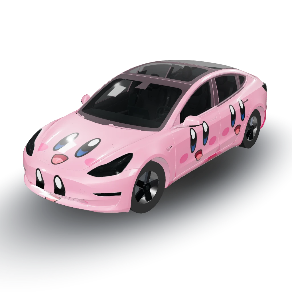 Kirby face on every section pink — a Model 3 wearing this AI wrap design