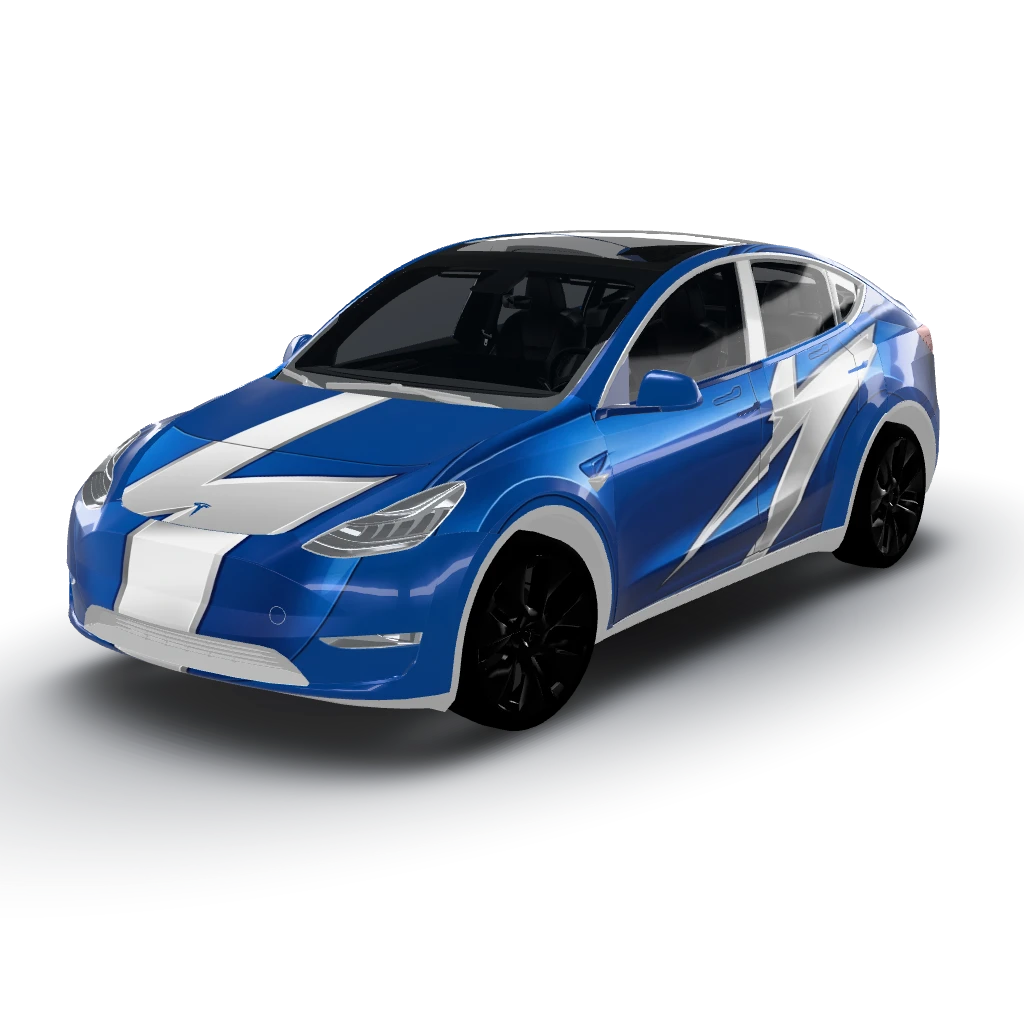 Long, sharp, aerodynamic lightning-bolt — a Model Y wearing this AI wrap design