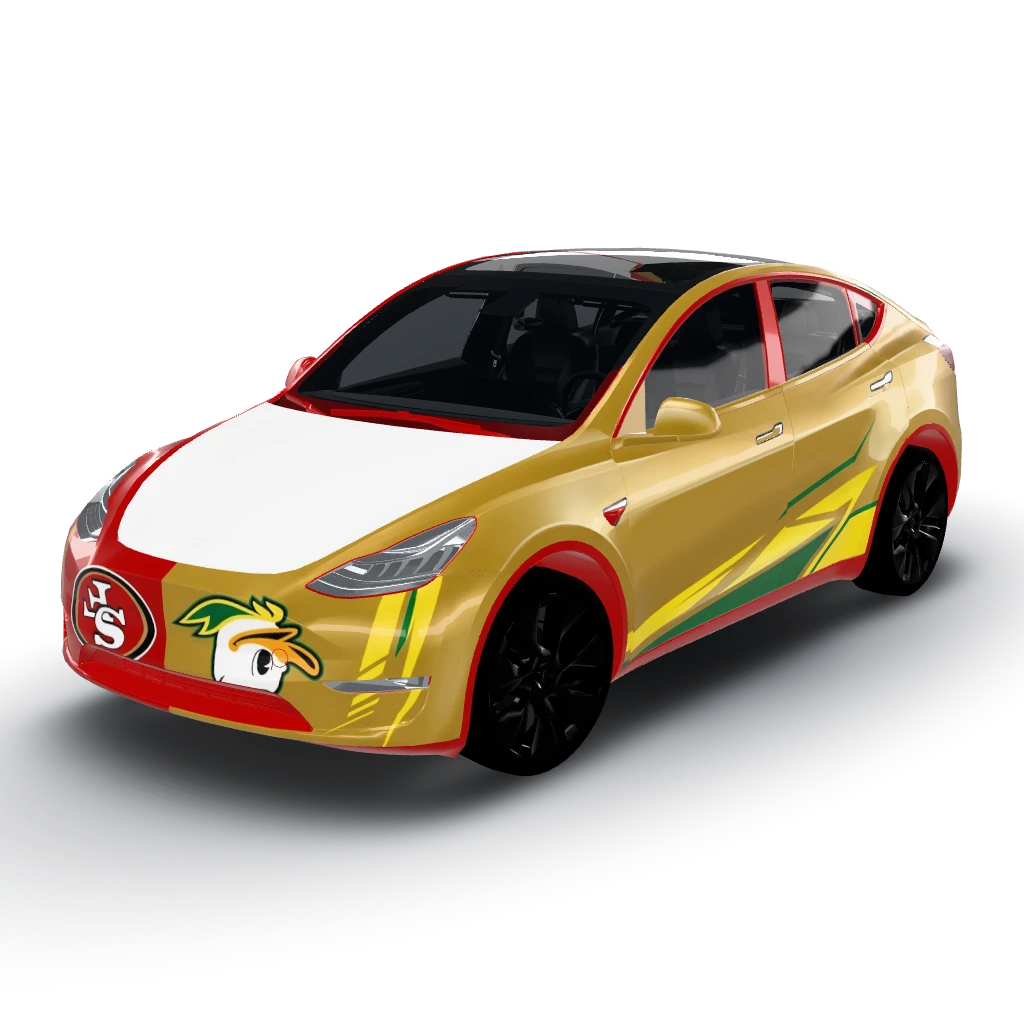 We'll keep the Oregon Ducks logo in green — a Model Y wearing this AI wrap design