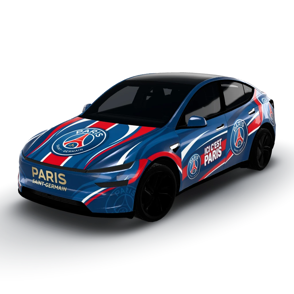 Phrase "ICI C'EST PARIS" prominently — a Model Y (2025+) Premium wearing this AI wrap design