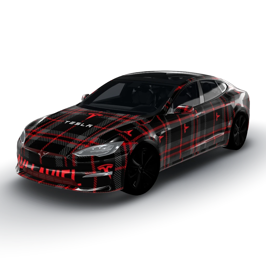 I’d like a wrap that highlights the TESLA — a Model S (2021+) wearing this AI wrap design