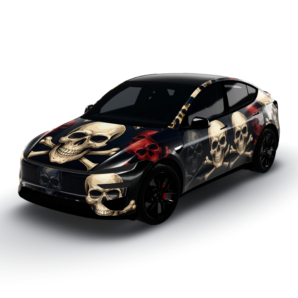Skull and crossbones — a Model Y (2025+) Performance wearing this AI wrap design