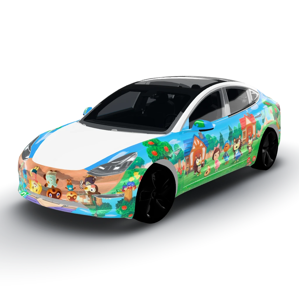 Animal crossing themed with the most — a Model 3 wearing this AI wrap design